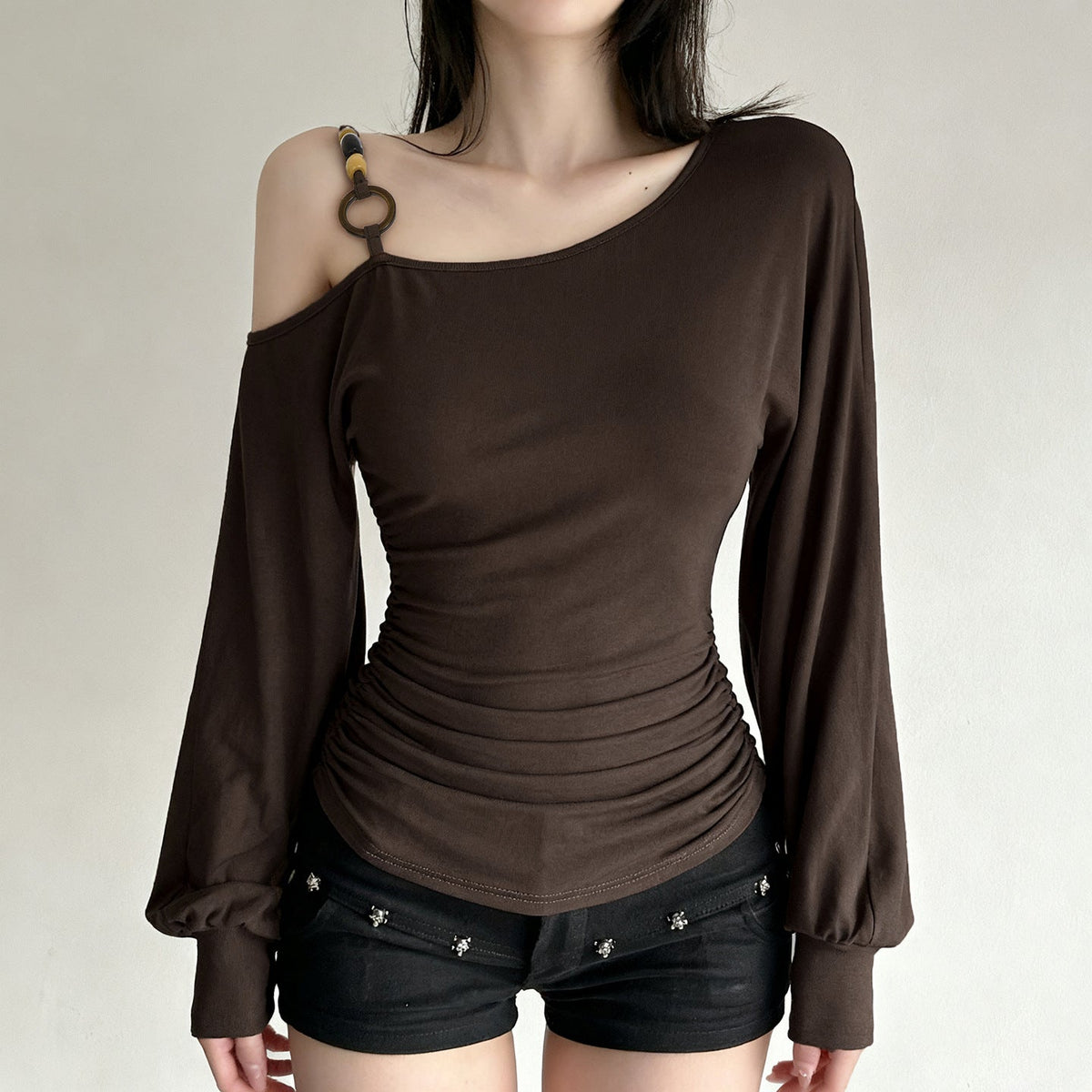 Vintage Off-shoulder Beaded-strapped Lantern-sleeve T-shirt