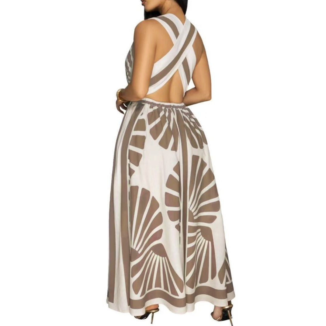 European And American V-neck Positioning Printing Backless Dress