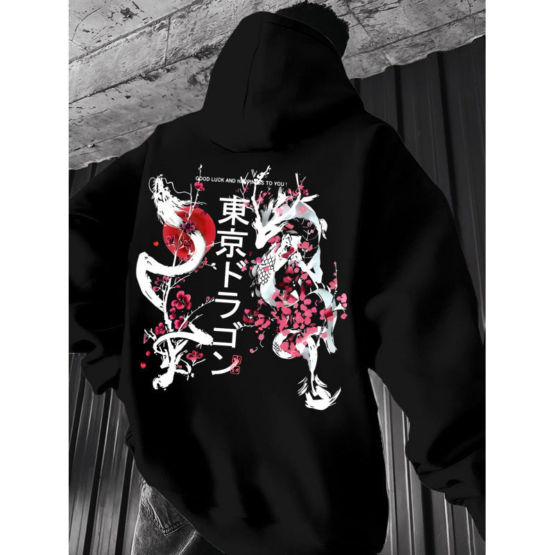Japanese-style Pattern Hoodie, Light Gray Pullover