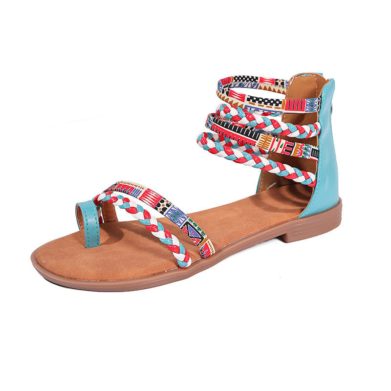 Ethnic Style Flat Sandals Summer Clip Toe Colorful Weave-straped Shoes With Back Zipper Women's Bohemian Beach Shoes