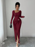Autumn And Winter Irregular Neckline Solid Color Knitted Texture Long Dress For Women