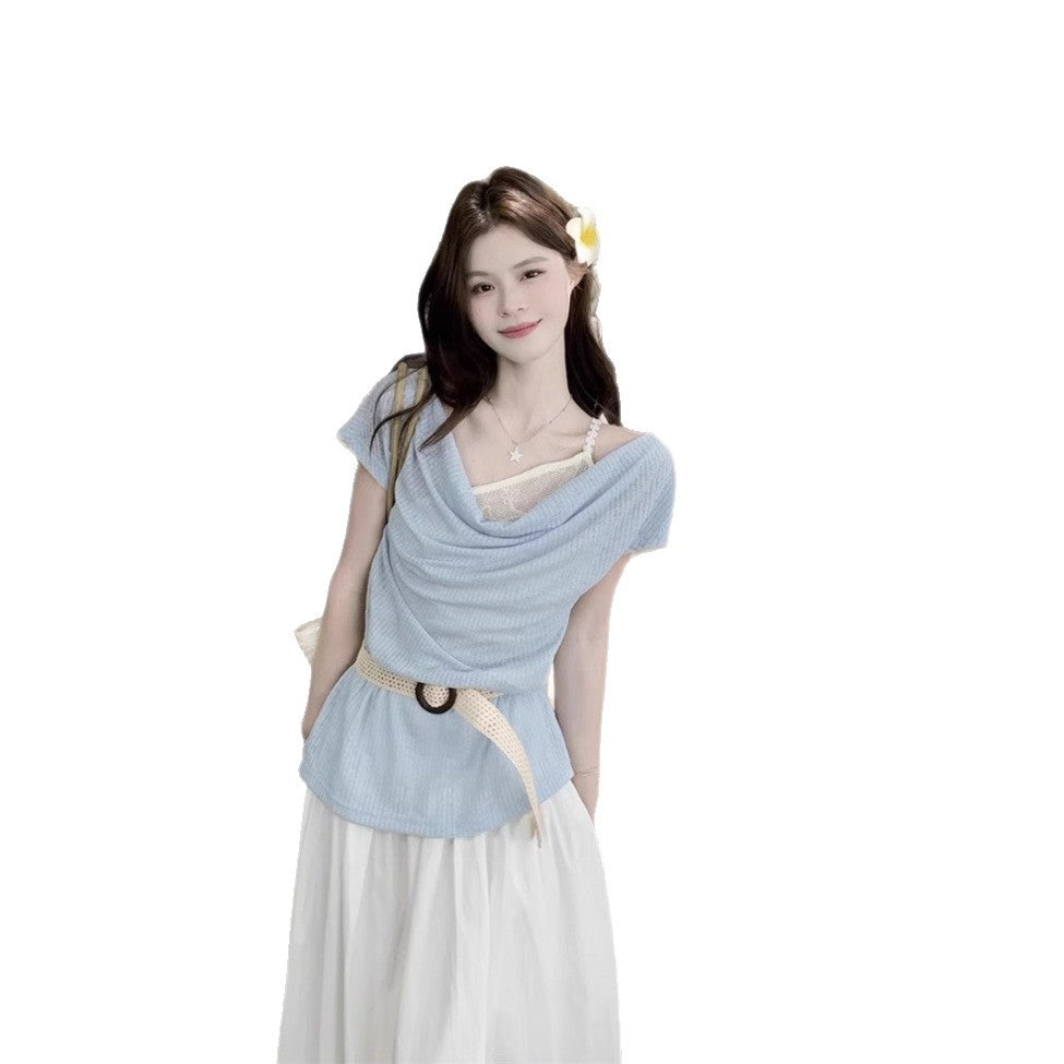 Women's Layered Outerwear Boat-neck Short-sleeve Knit Top