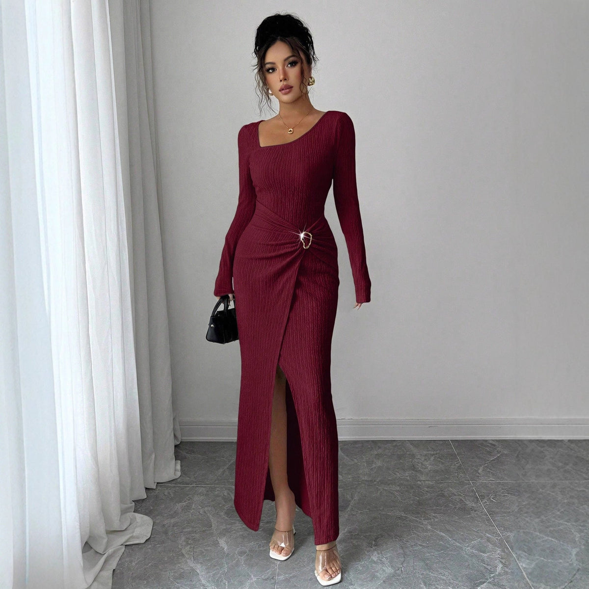 Autumn And Winter Irregular Neckline Solid Color Knitted Texture Long Dress For Women