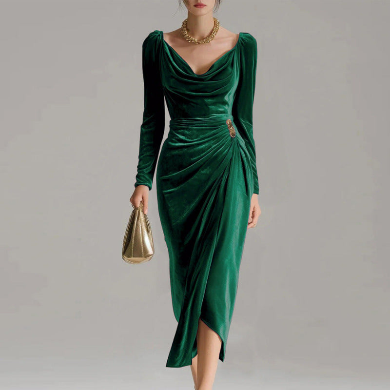 Long Sleeve Pleated Long Slit Velvet Sheath Dress