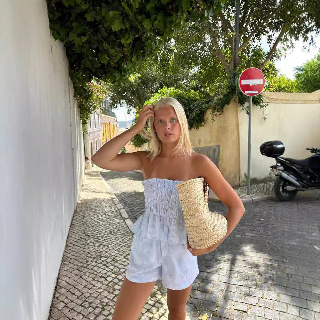 Strapless Fitted Olive Top And Shorts Set Casual Vacation Style