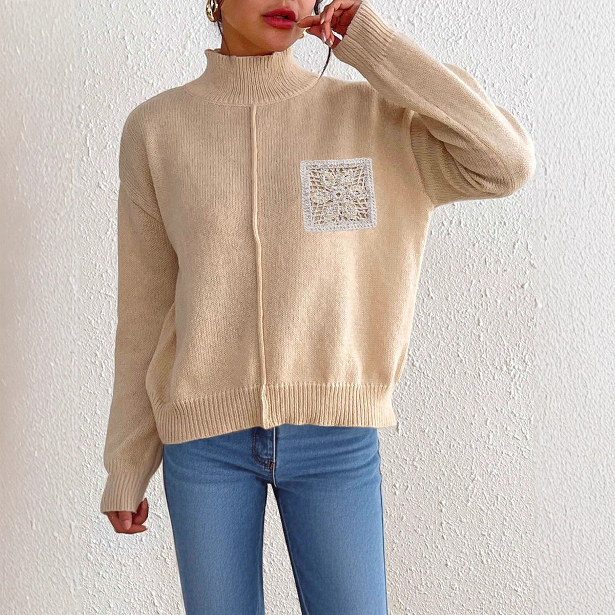 Women's Pure Color Half Collar Sequined Hollow-out Pocket Stitching Sweater