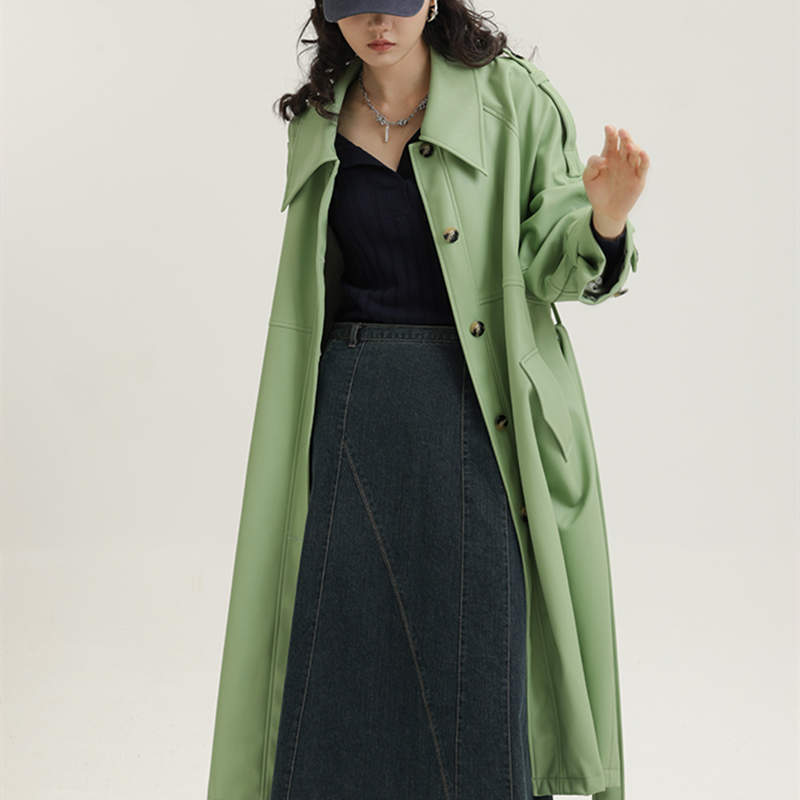 Women's Mid Length Green Leather Trench Coat