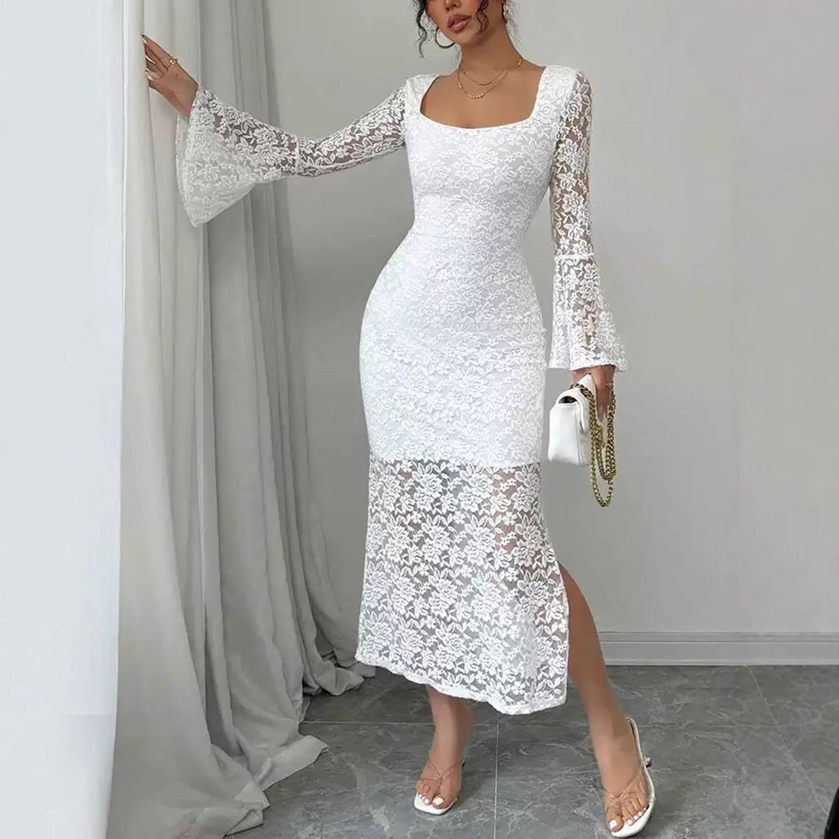Fashionable Lace-Patchwork Square-Neck Flared-Sleeve Bodycon Dress