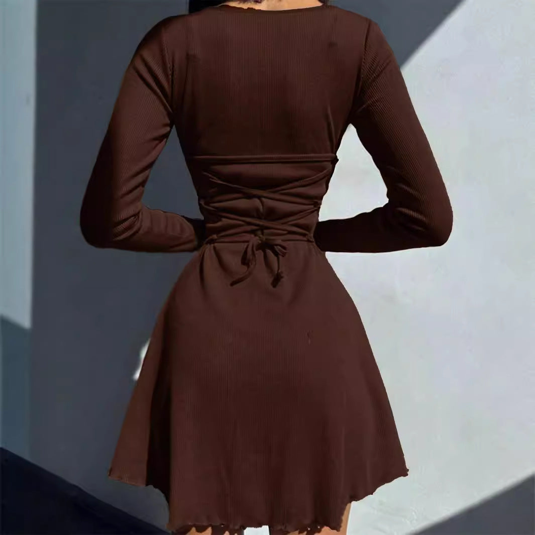 European And American-style Women's Solid-color Back-tie Waist-hugging Dress High-waisted A-line Skirt