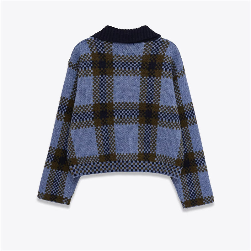 New Stylish And Versatile Plaid Zip-up Knit Sweater