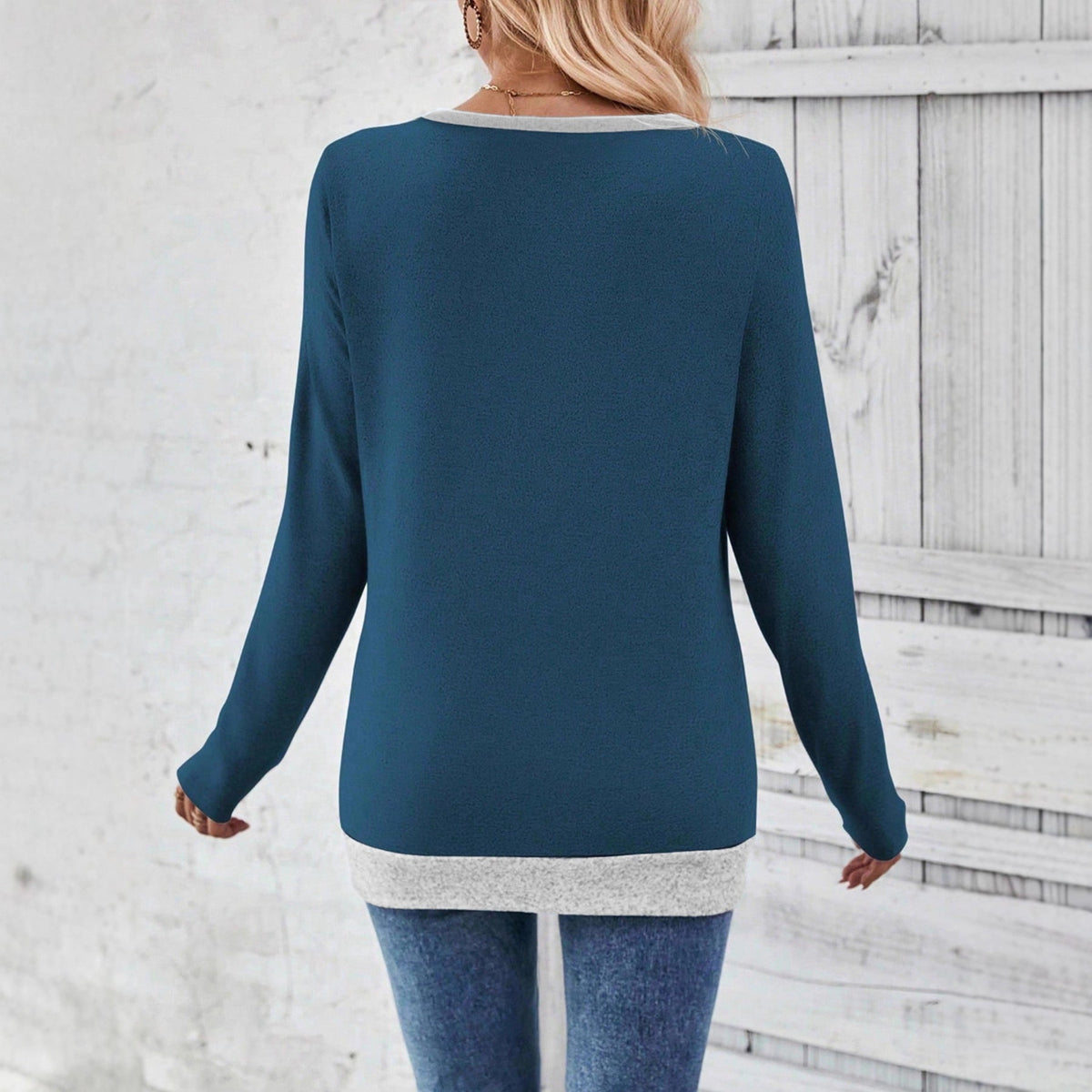 Long Sleeve V-neck Elegant Pleated Button Solid Color T-shirt Top