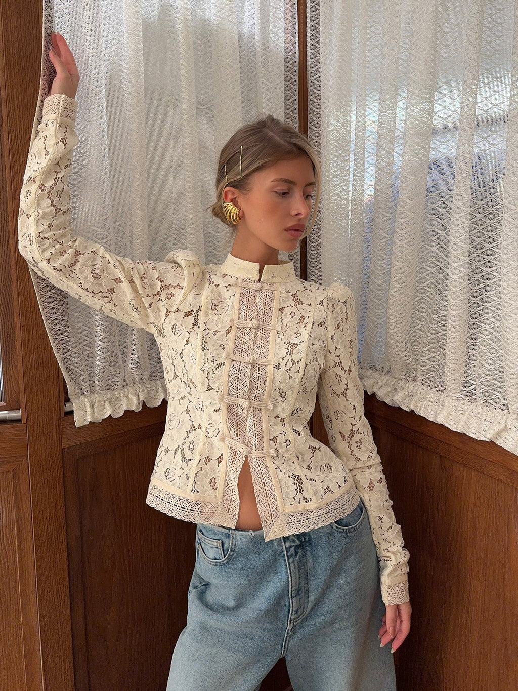 Lace Panel Long Sleeve Shirt