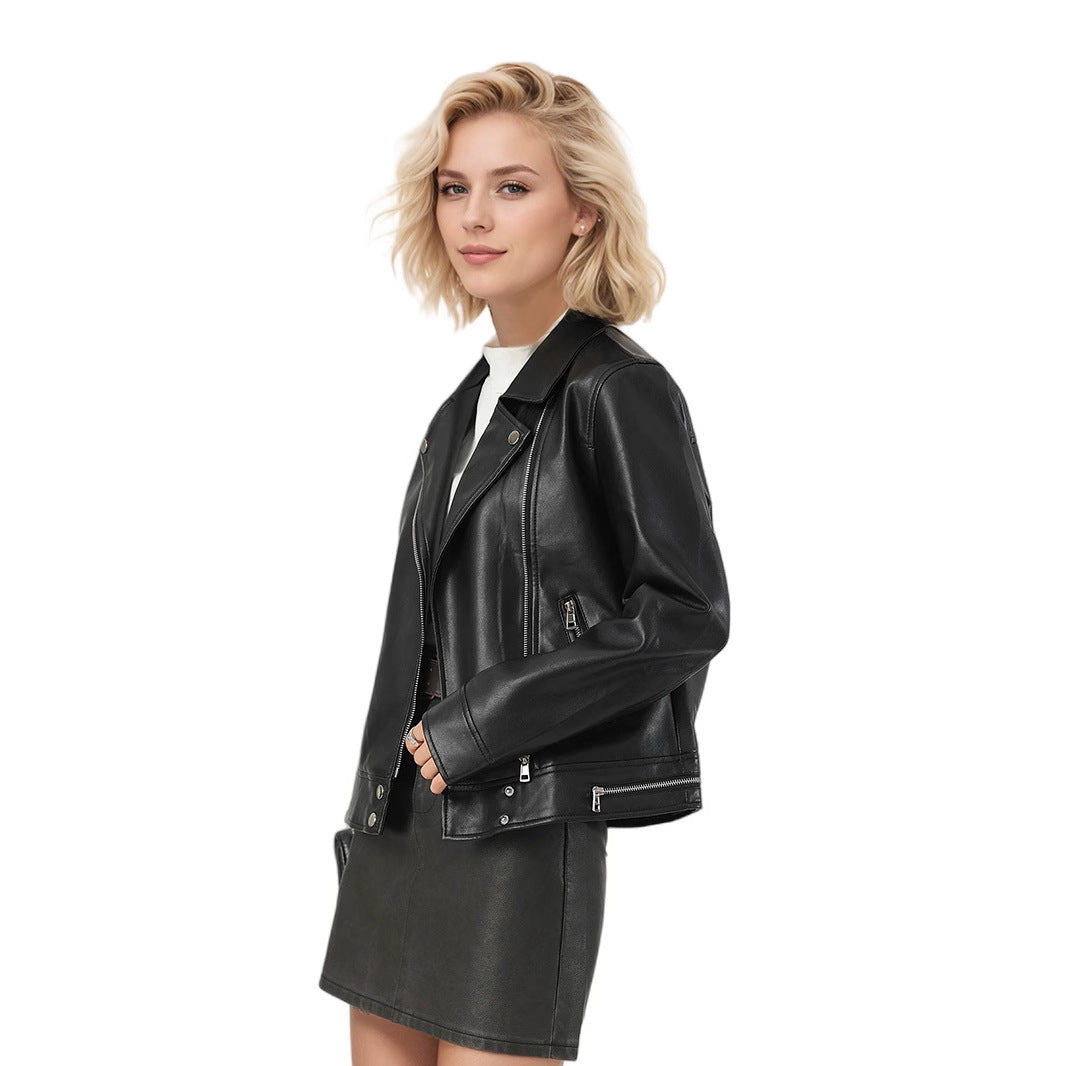 Women's Short Leather Jacket With A Turn-down Collar