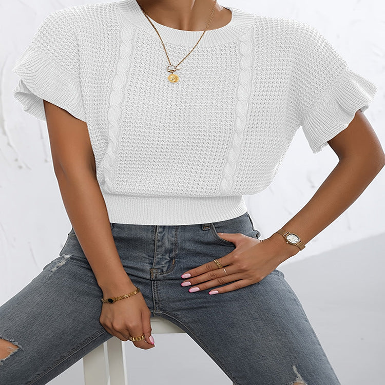 Twisted String Ruffled Short Sleeves Round Neck Knitted Pullover Knitted Sweater