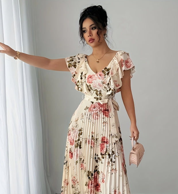 V-neck Digital Floral Print Ruffles Dress