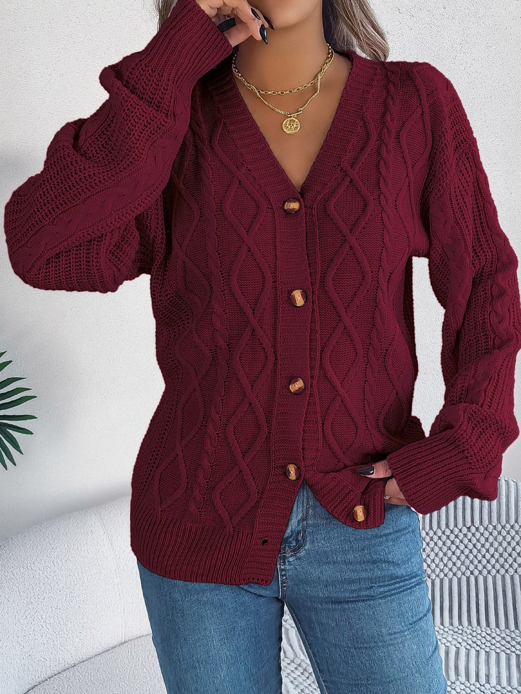 Women Casual V-Neck Lantern Sleeve Cable Knit Button Cardigan Sweater