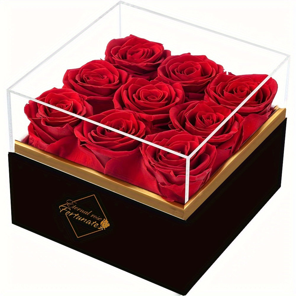 9 Eternal Preserved Roses in White Gift Box with Acrylic Cover