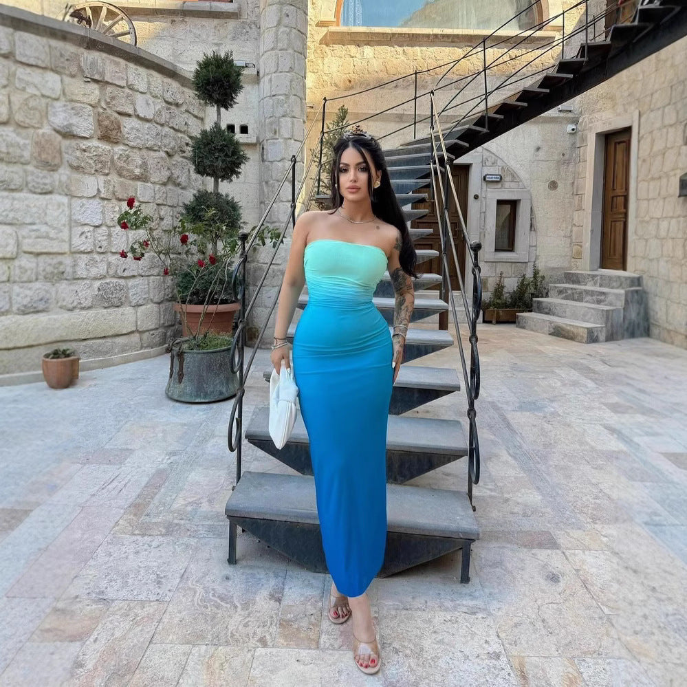 Summer Slim-fit Sexy Strapless Ombre Midi Dress