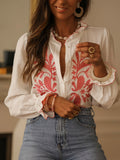 Women's Street-Style Fashion Long-Sleeve Printed Patchwork Blouse