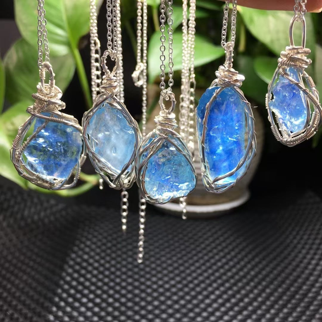 Natural Aquamarine Raw Stone Handmade Copper Wire Crystal Pendant