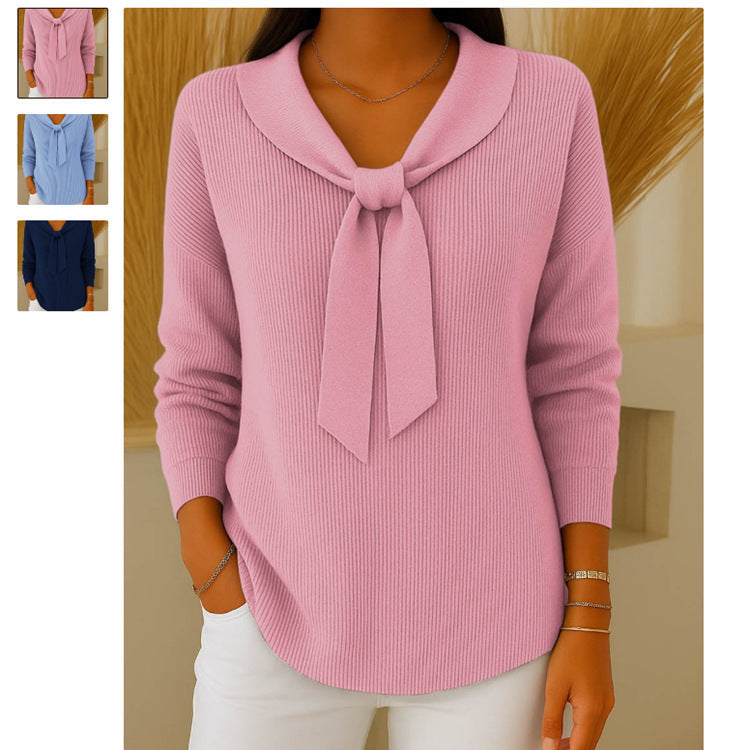 Women's Solid Color Loose And Knitted Bow Sweater
