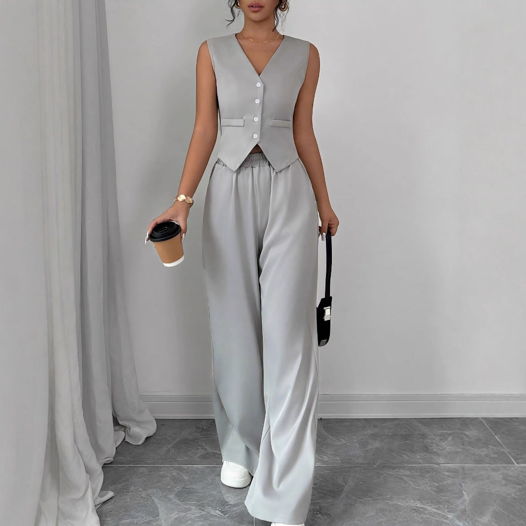 Elegant Button-front Sleeveless Vest And Trousers Set