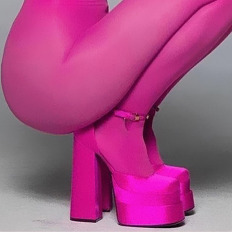 Super High Heel Platform Thick Heel Hollow Square Toe Satin Hate Sky High Baotou Plus Size Catwalk Sandals High Heels