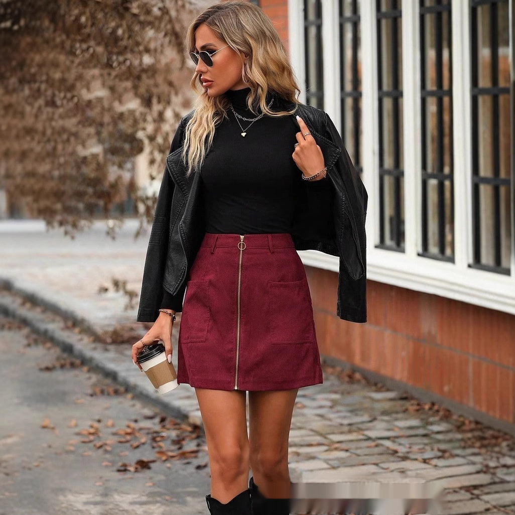 High Waist Stitching Zipper Short Skirt For Women