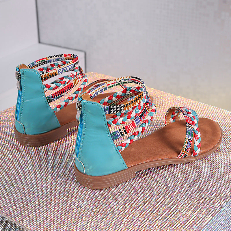 Ethnic Style Flat Sandals Summer Clip Toe Colorful Weave-straped Shoes With Back Zipper Women's Bohemian Beach Shoes