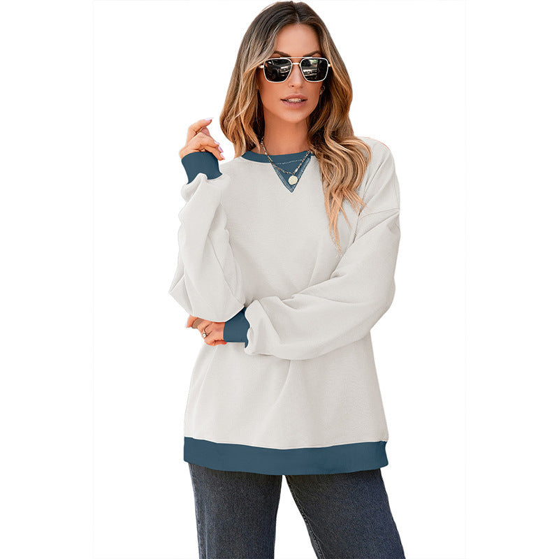 Color Contrast Patchwork Round Neck Pullover Long Sleeve Sweater Women