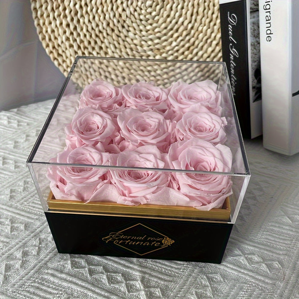 9 Eternal Preserved Roses in White Gift Box with Acrylic Cover