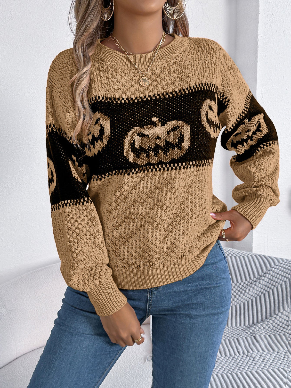 Women Pumpkin Head Color Block Long Sleeve Pullover Sweater