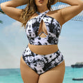 Cross Collar Random Printed Bikini Swimsuit Suit