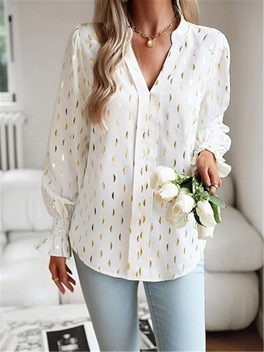 Bubble Long Sleeve Waist Bronzing Blouse