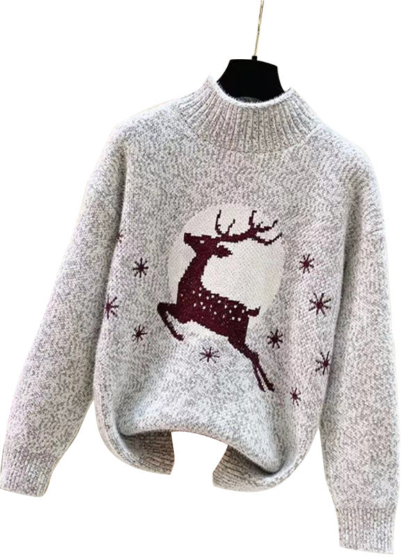 Women's Casual Christmas Half-Neck Pullover Jacquard Top