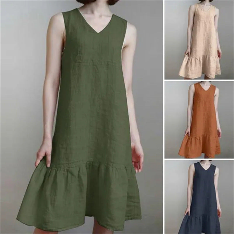 Loose-fit V-neck Solid-color Pleated Strap Sundress In Cotton And Linen