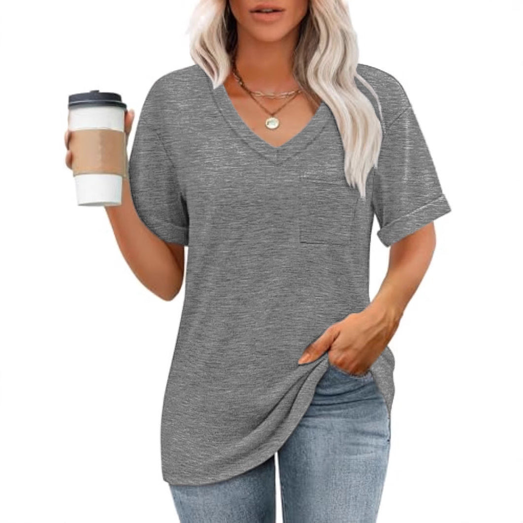 Loose Casual V-neck Pocket Solid Color Short Sleeve T-shirt