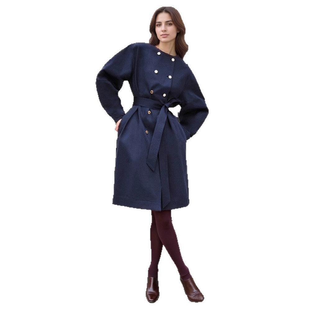 Elegant Round Neck Waist Trimming Elegant Trench Coat