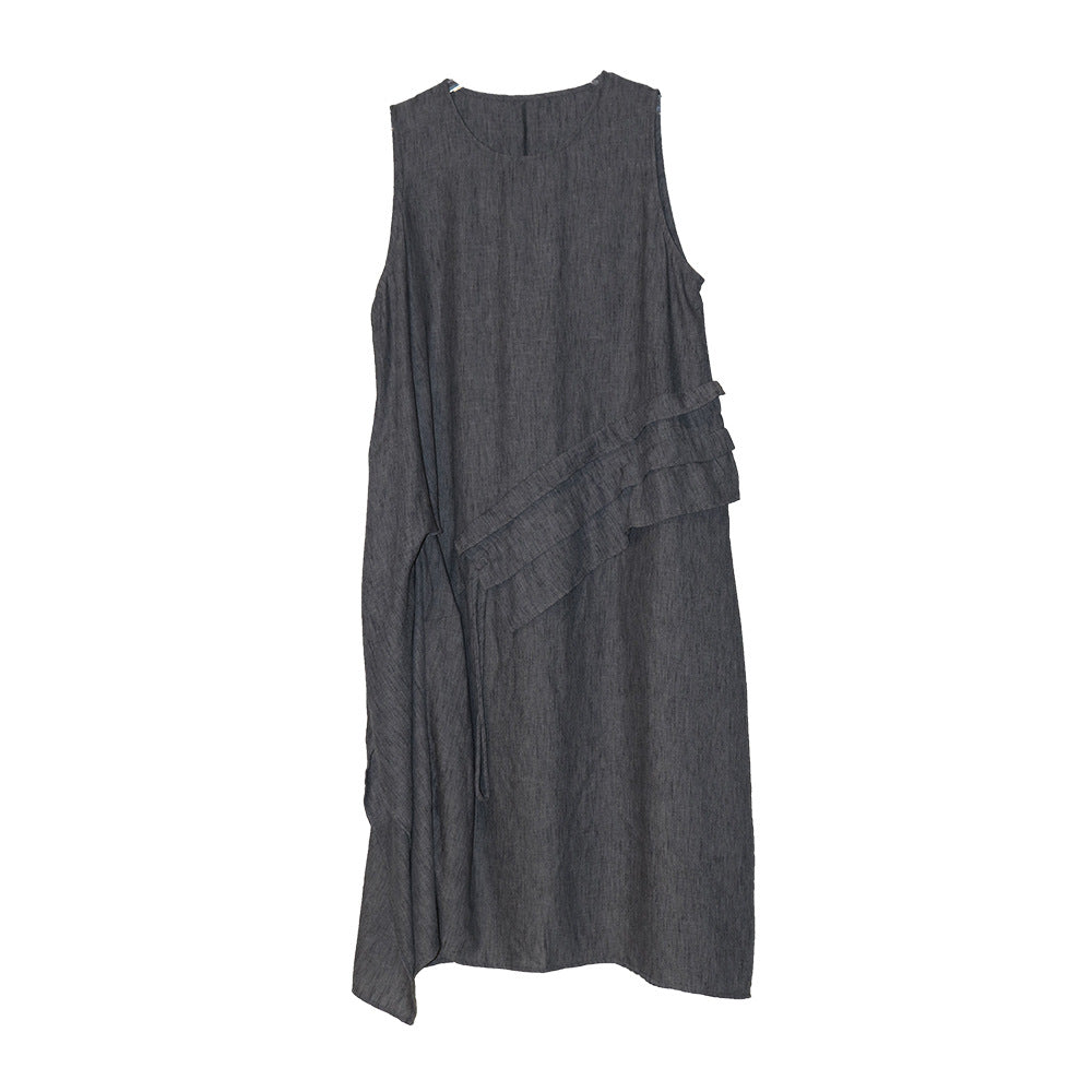 Women's Retro Crew Neck Patchwork Ruffled Drawstring Sleeveless Dress