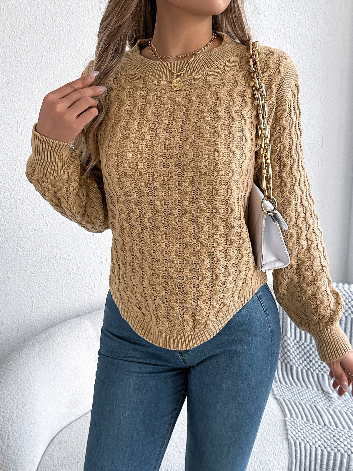 Women Casual Solid Color Cable Knit Lantern Sleeve Irregular Pullover Sweater