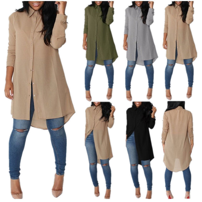 Irregular Mid-length Long-sleeved Chiffon Shirt Women