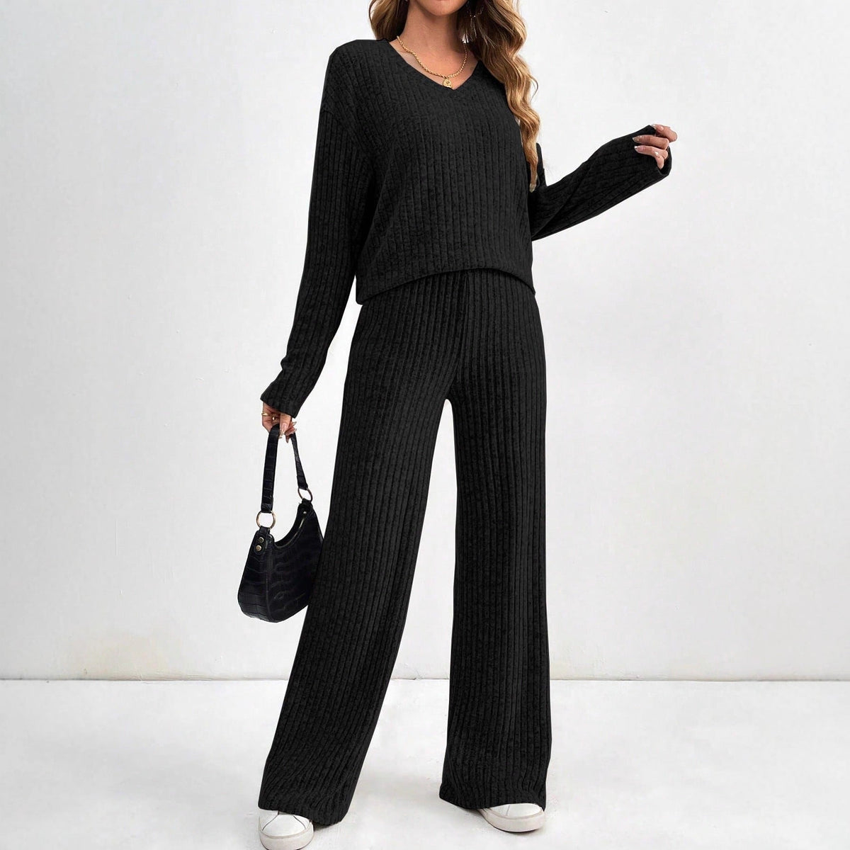 Women's Fashion Casual Straight Pants Temperament V-neck Sunken Stripe Knitting Suit