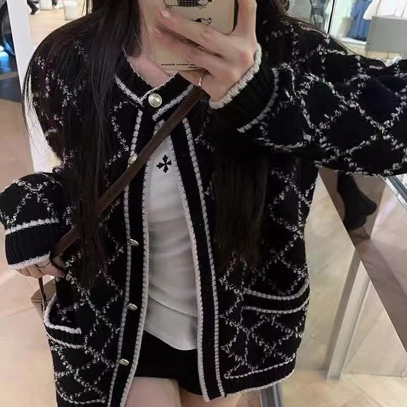 Rhombus Sweater Coat Women's Mid-length Gray Knitted Cardigan