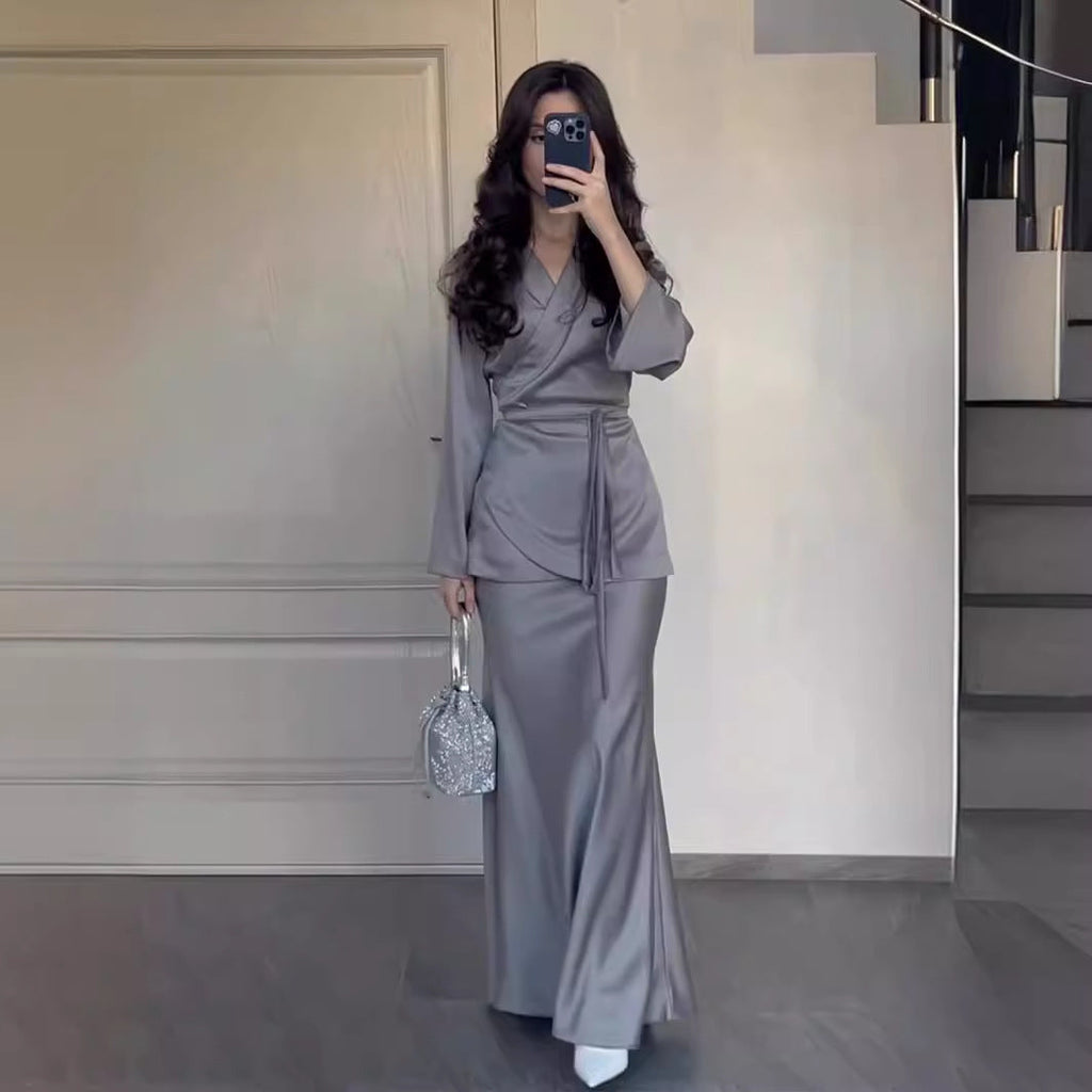 Fashion Satin Patchwork Long Dress Suit Women