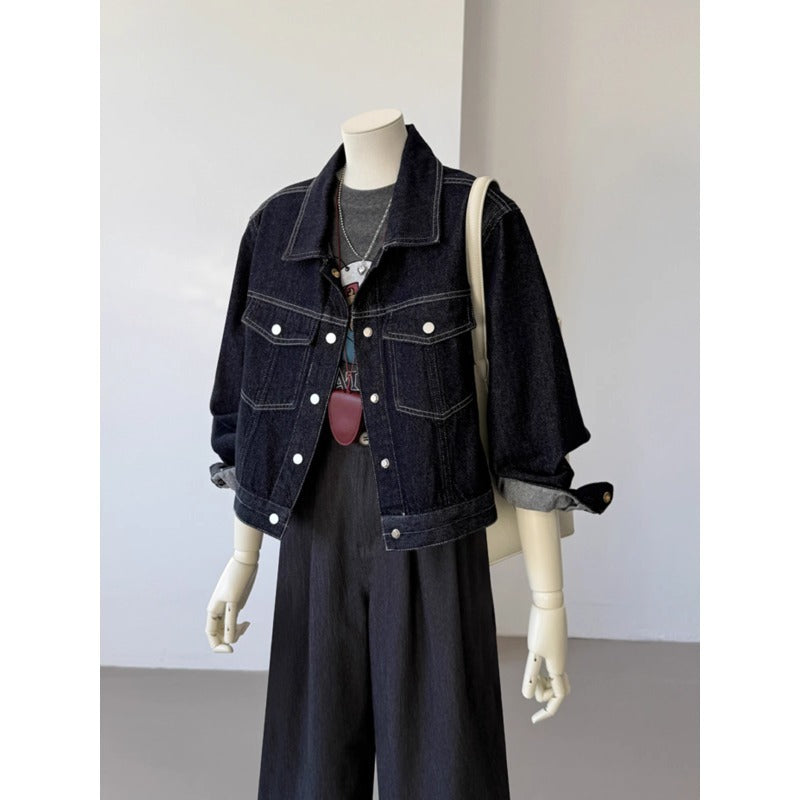 Korean Style Pocket Lapels Retro Dark Blue Short Denim Coat