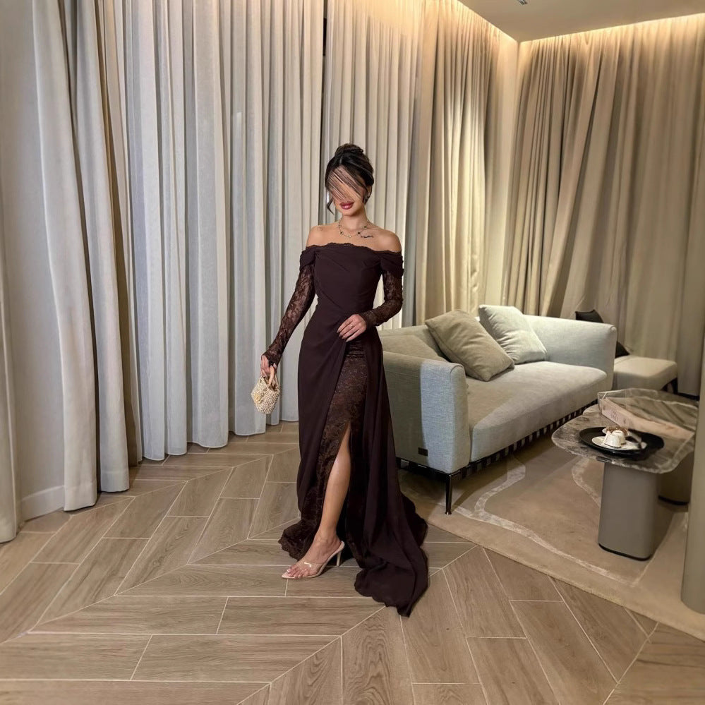 Off-the-shoulder Patchwork Lace Long-sleeve Flared Elegant Vintage Dress