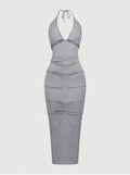 Deep V-neck Pleated Backless Lace-up Hip Dress
