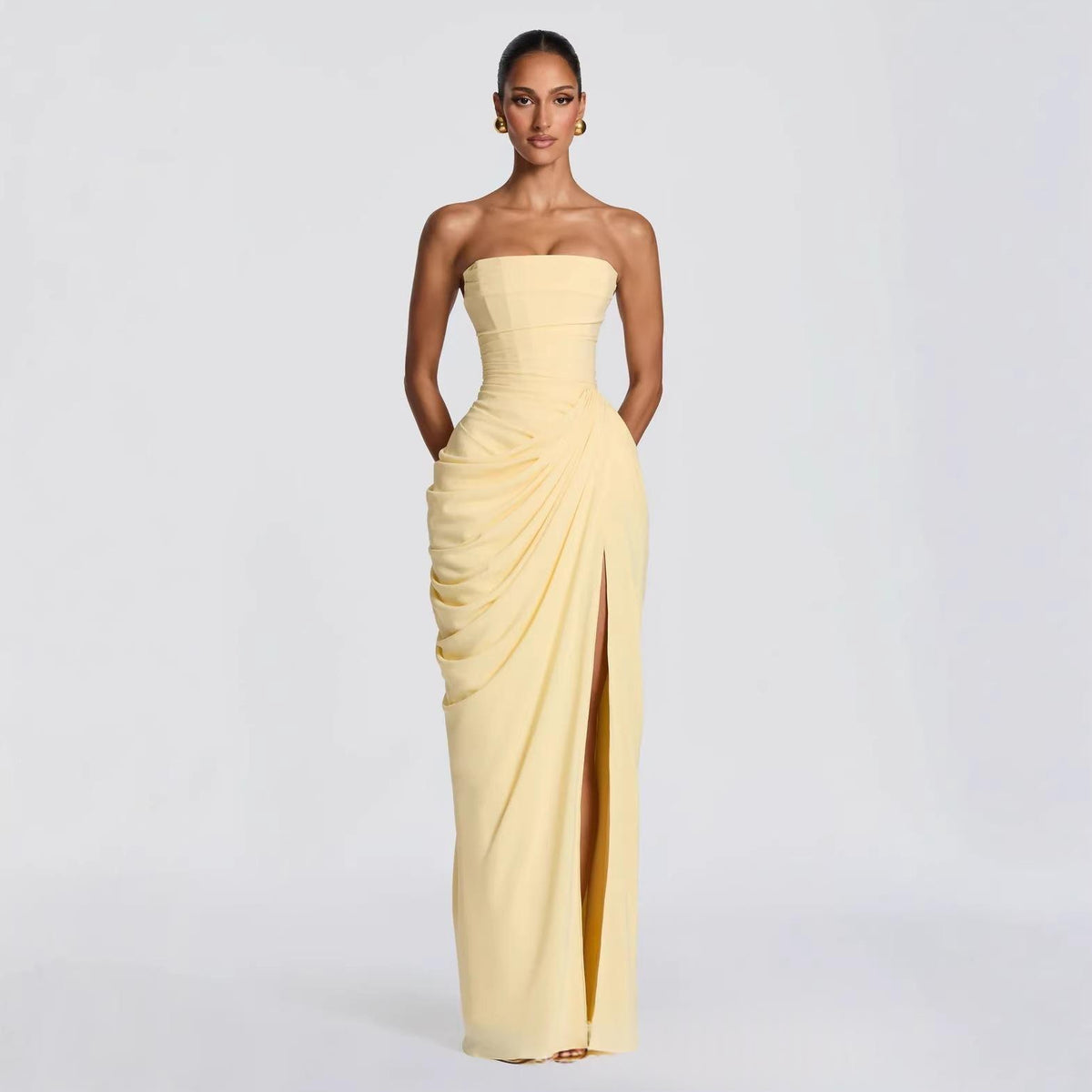 French Style Romantic Strapless Pleated Slit Dress - Women's Elegant Evening Gown For Summer Party Wedding Dresses