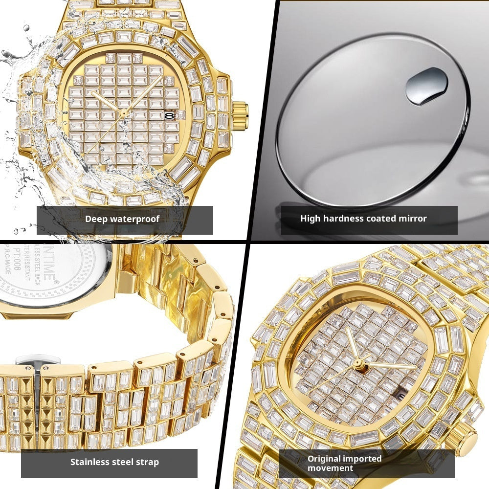 Full Square Diamond Casual Trend Waterproof Calendar Quartz Watch