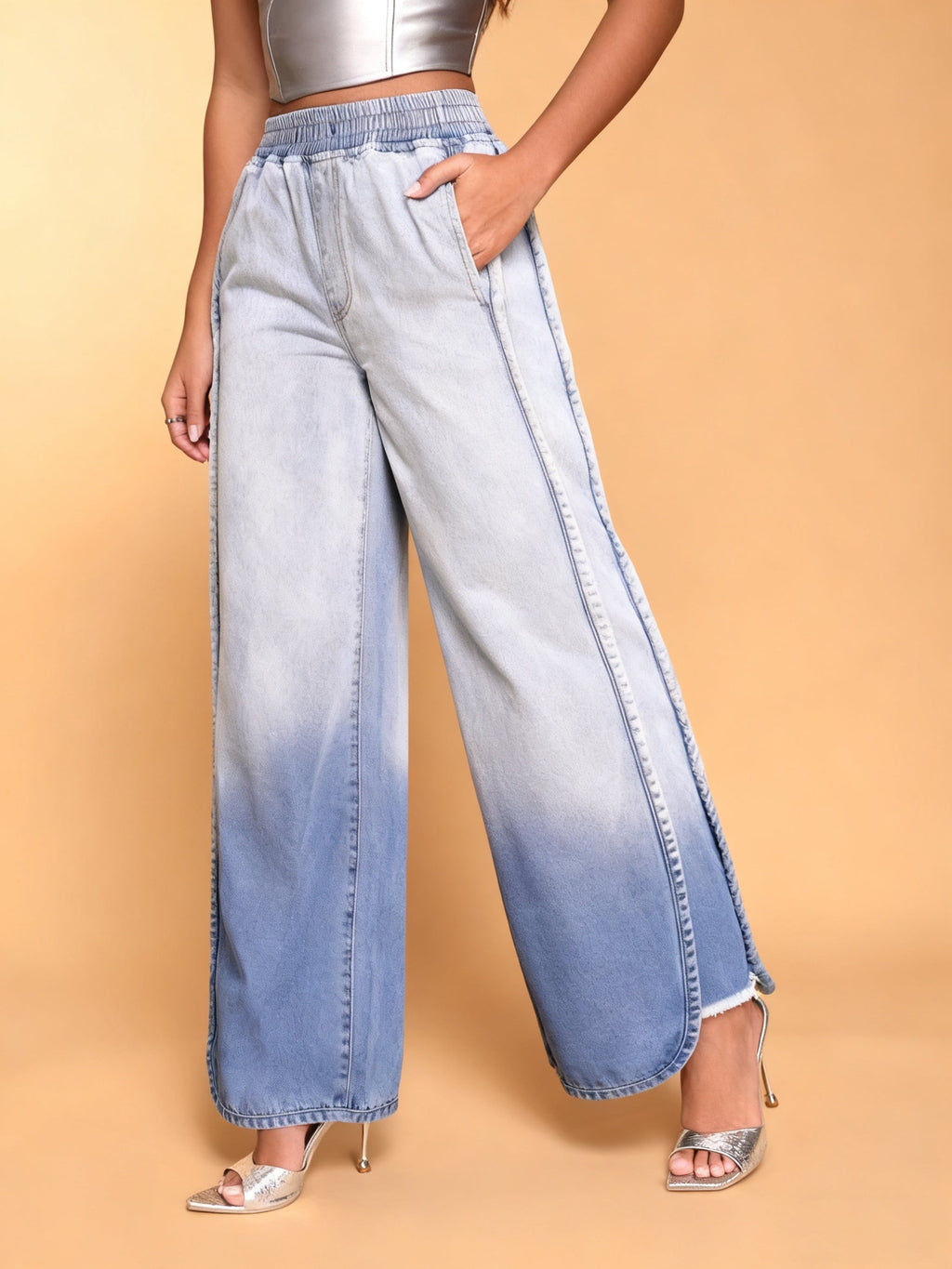 Light Blue Ombre Wide-Leg Jeans With Elastic Waist